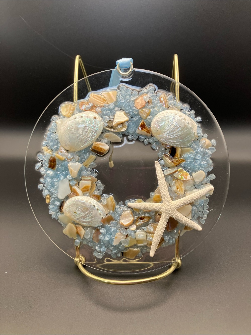 Resin Coastal Shell Wreath Art Suncatcher- Blue and Cream Home Accent